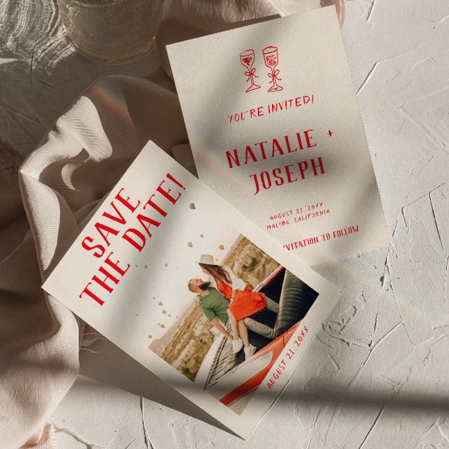 Save The Date Mariage photo moderne rouge main dessinée Retro Qu (Créateur téléchargé)