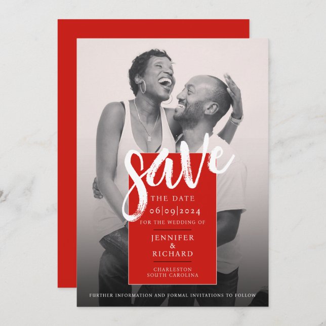 Save The Date Mariage photo moderne simple rouge et blanc (Devant / Derrière)