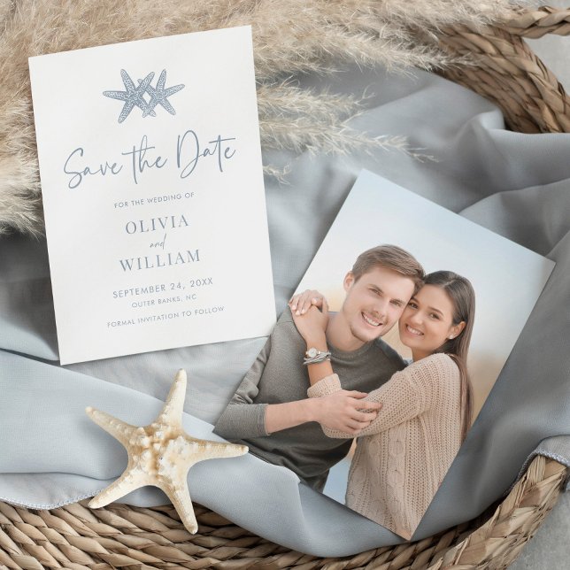 Save The Date Mariage photo moderne Starfish Beach Dusty Blue (Créateur téléchargé)