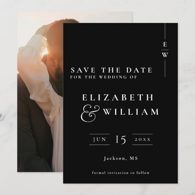 Save The Date Mariage photo Monogramme moderne noir et blanc (Devant / Derrière)