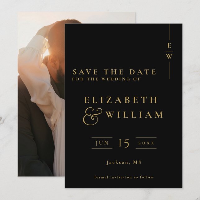 Save The Date Mariage Photo Monogramme Noir Et Or (Devant / Derrière)