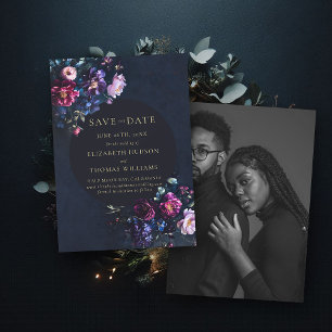 Save The Date Mariage photo Moody Dark Elegant Floral Navy