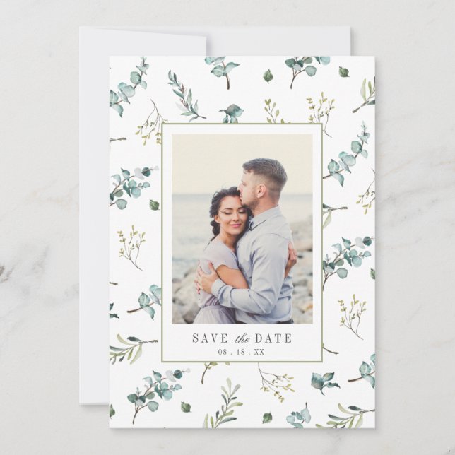 Save The Date Mariage photo Motif Eucalyptus aquarelle (Devant)