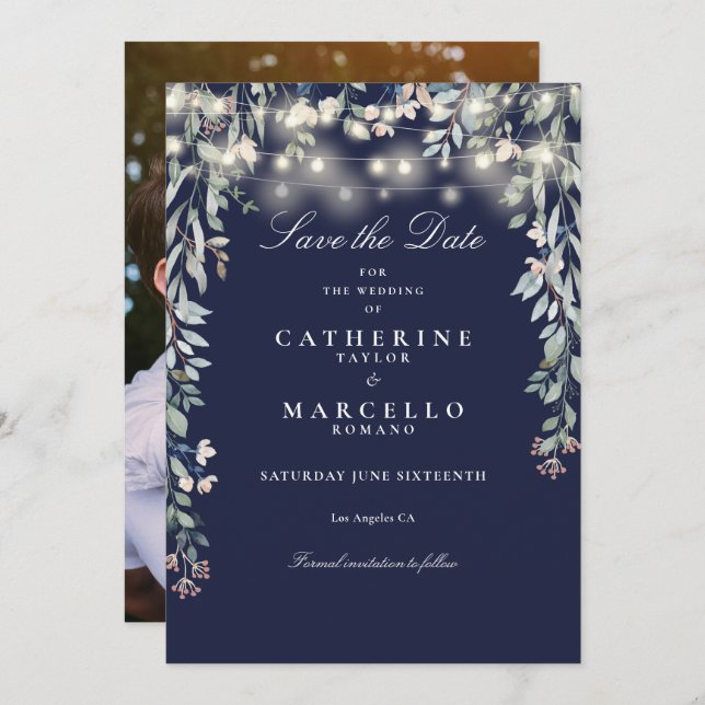 Save The Date Mariage photo Navy Blue Floral (Devant / Derrière)