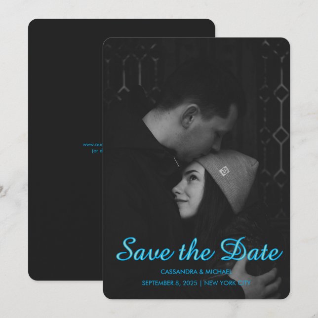 Save The Date Mariage Photo Noir & Bleu Moderne (Devant / Derrière)