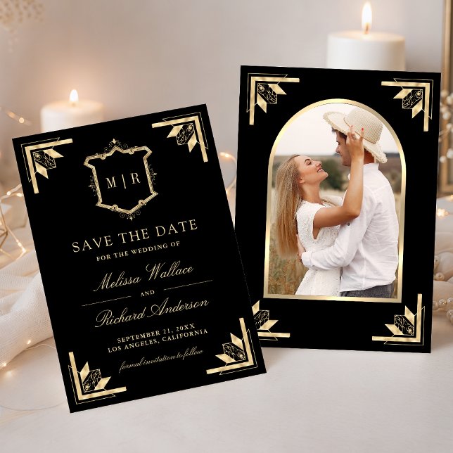 Save The Date Mariage Photo Noir Monogramme Couronne Dorée (Créateur téléchargé)