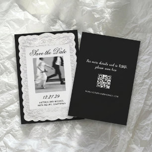 Save The Date Mariage Photo Noir Papier Dentelle Blanc Vintage