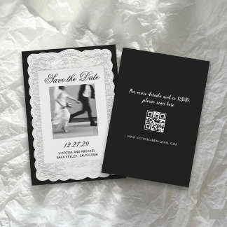 Save The Date Mariage Photo Noir Papier Dentelle Blanc Vintage