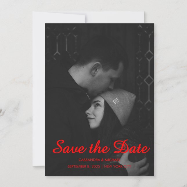 Save The Date Mariage Photo Noir & Rouge Moderne (Devant)