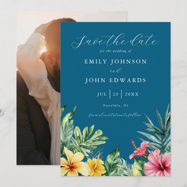 Save The Date Mariage photo Ocean Blue Tropical Flowers (Devant / Derrière)