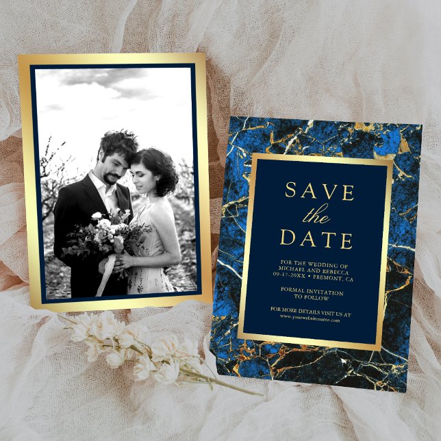 Save The Date Mariage Photo Or Marbre Bleu Royal (Créateur téléchargé)