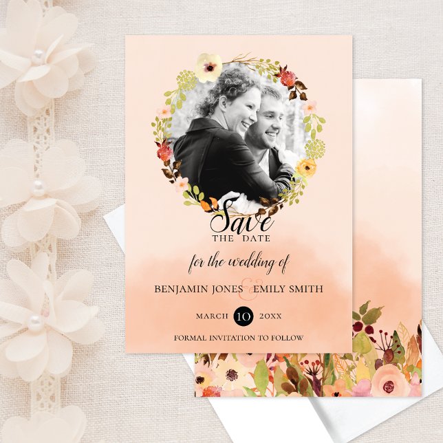 Save The Date Mariage photo Peach Floral Wreath (Créateur téléchargé)
