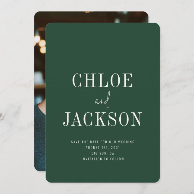 Save The Date Mariage photo personnalisé moderne vert forêt (Devant / Derrière)