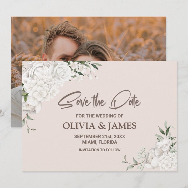 Save The Date Mariage photo personnalisé Rustique blanc Floral (Devant / Derrière)