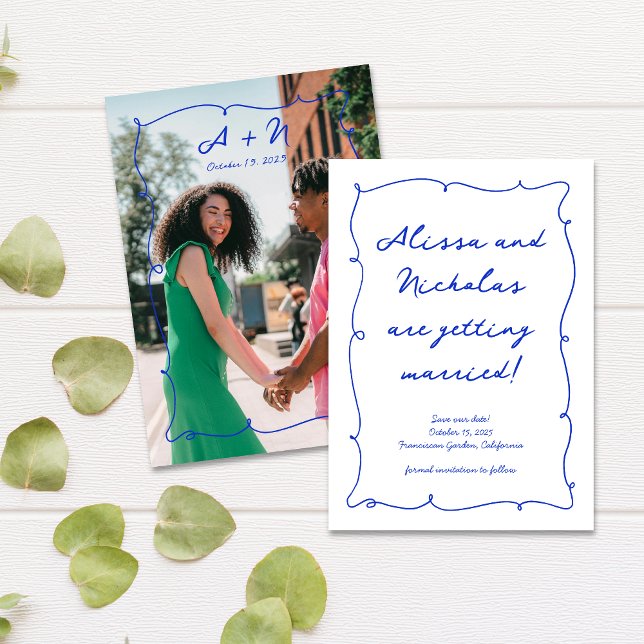 Save The Date Mariage photo photo bleu vif tiré à la main (Créateur téléchargé)