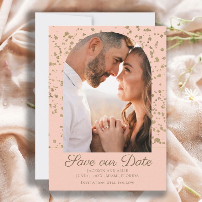 Save The Date Mariage photo Pink Gold Parties scintillant Arch D (Elegant pink and gold arch photo wedding Save-the-Date card)