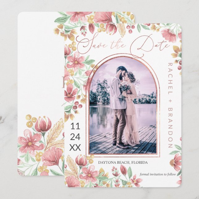Save The Date Mariage photo Pink Golden Yellow Floral Arch (Devant / Derrière)