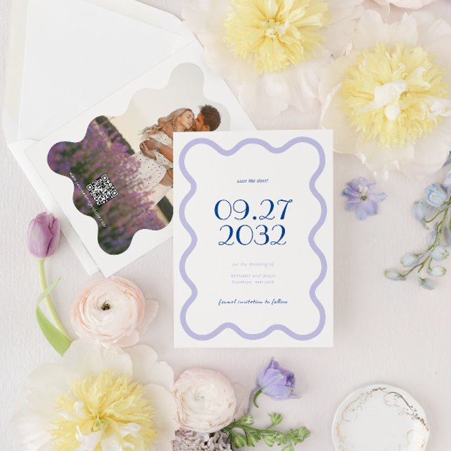 Save The Date Mariage photo QR Code Blue Lavender Wave Scallop (Créateur téléchargé)
