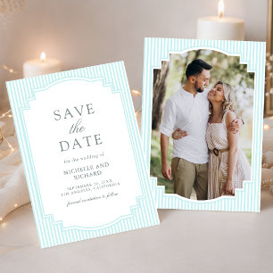 Save The Date Mariage Photo Rayé Bleu Pastel Classique