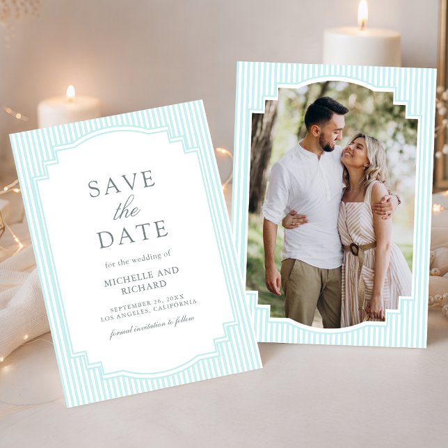Save The Date Mariage Photo Rayé Bleu Pastel Classique (Créateur téléchargé)