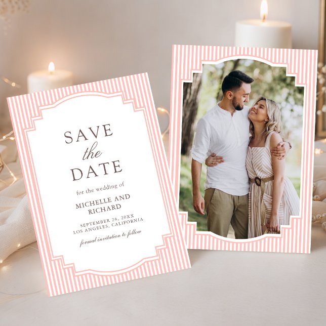 Save The Date Mariage photo rayé rose corail pastel (Créateur téléchargé)