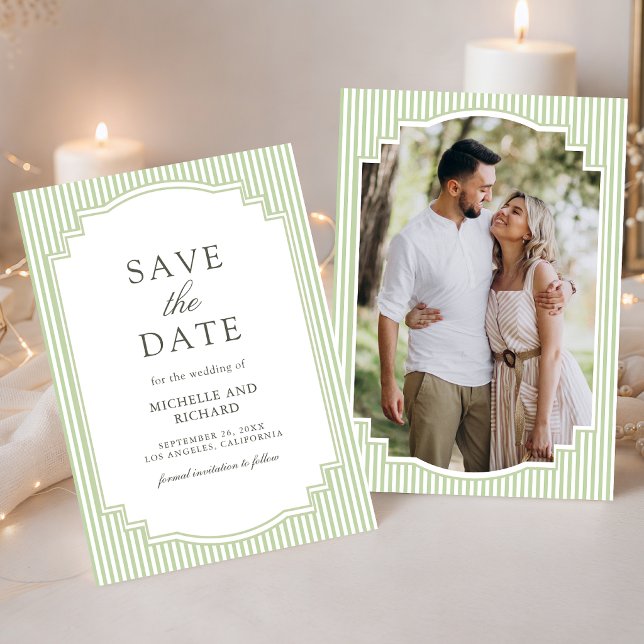 Save The Date Mariage Photo Rayé Vert Sauge Classique (Créateur téléchargé)