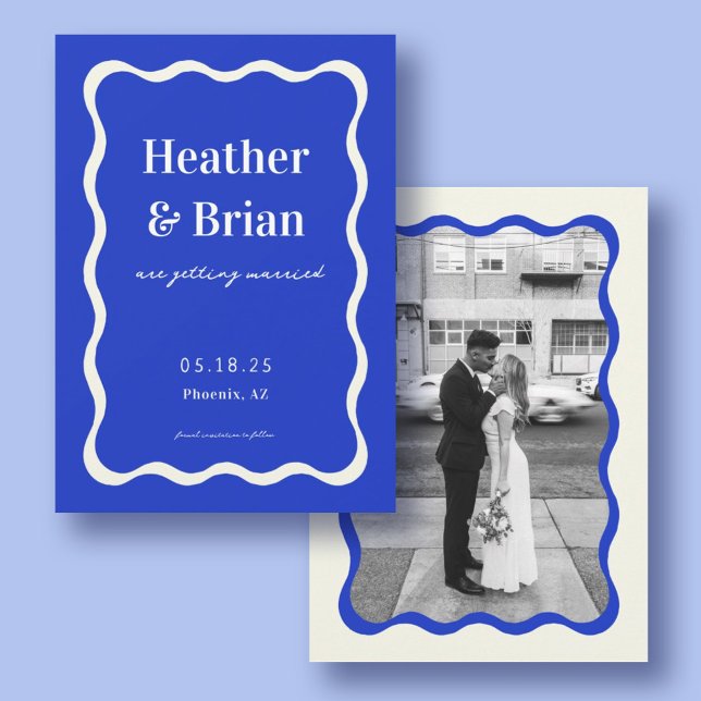 Save The Date Mariage photo Retro Blue Wavy Squiggle (Créateur téléchargé)