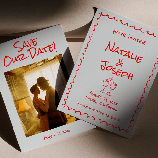 Save The Date Mariage photo Retro Hand Drawn Écrit Red Quirky (Créateur téléchargé)