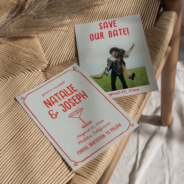 Save The Date Mariage photo Retro Hand Drawn Red Blue Cocktail (Créateur téléchargé)