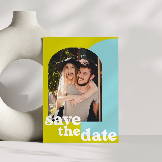 Save The Date Mariage photo Retro Lime bleu géométrique Couple (Créateur téléchargé)