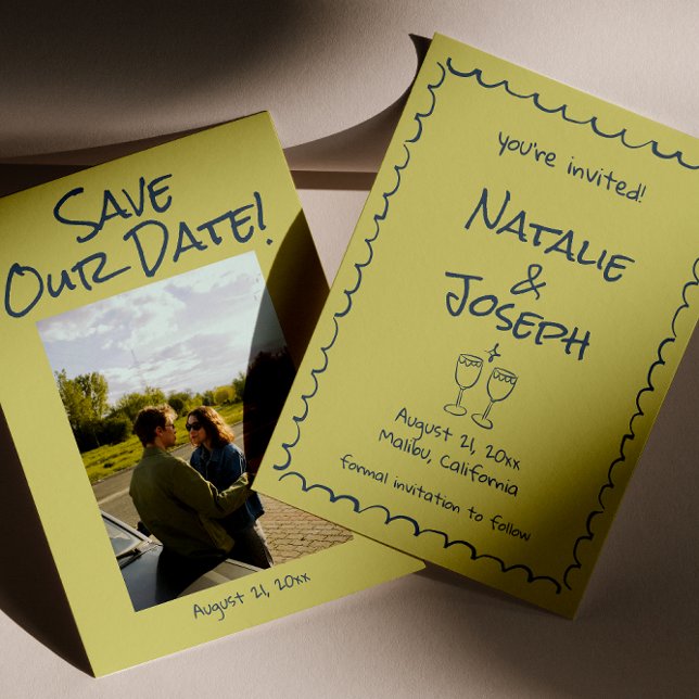 Save The Date Mariage photo Retro Main dessinée Bleu Vert Funky (Créateur téléchargé)