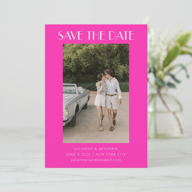 Save The Date Mariage photo rétro unique Hot Pink Art Déco (Debout devant)