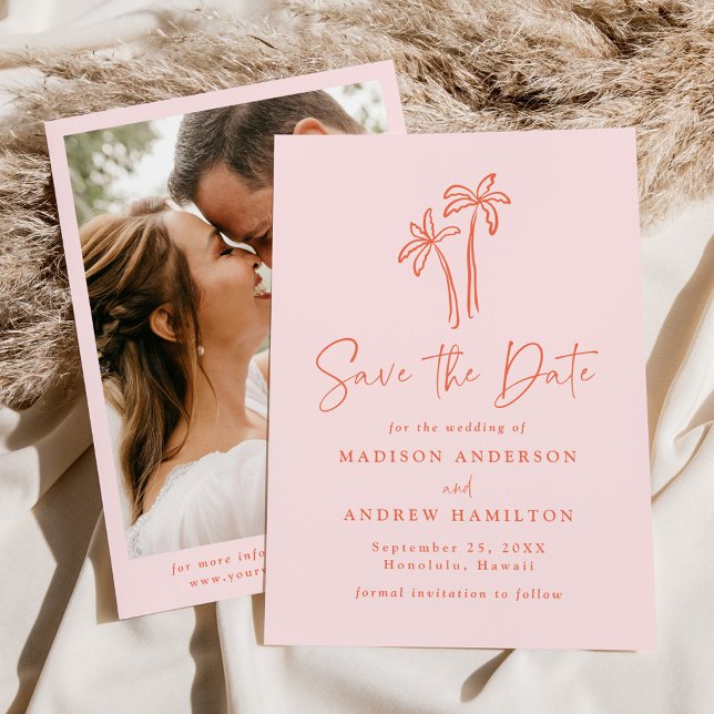 Save The Date Mariage photo rose de palmiers à main moderne (Créateur téléchargé)