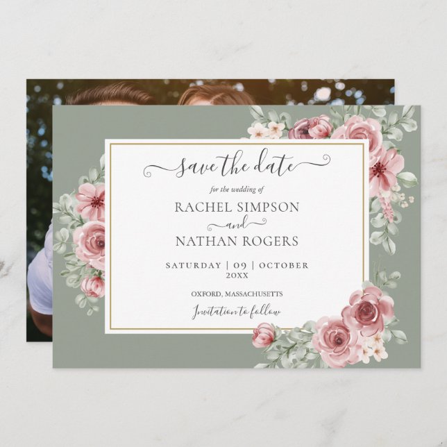 Save The Date Mariage photo rose Floral Sage Green (Devant / Derrière)
