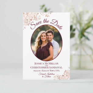Save The Date Mariage photo rose Gold Lace & Burgundy Oval