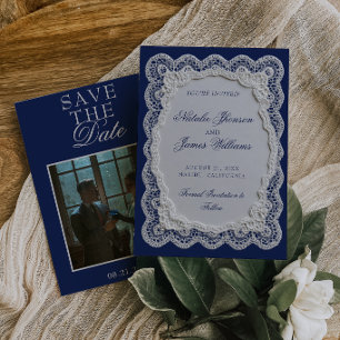 Save The Date Mariage Photo Royale Bleu Dentelle Napperon Vieill