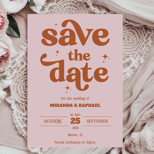 Save The Date Mariage Photo Rust & Peach Gras Rétro (Créateur téléchargé)