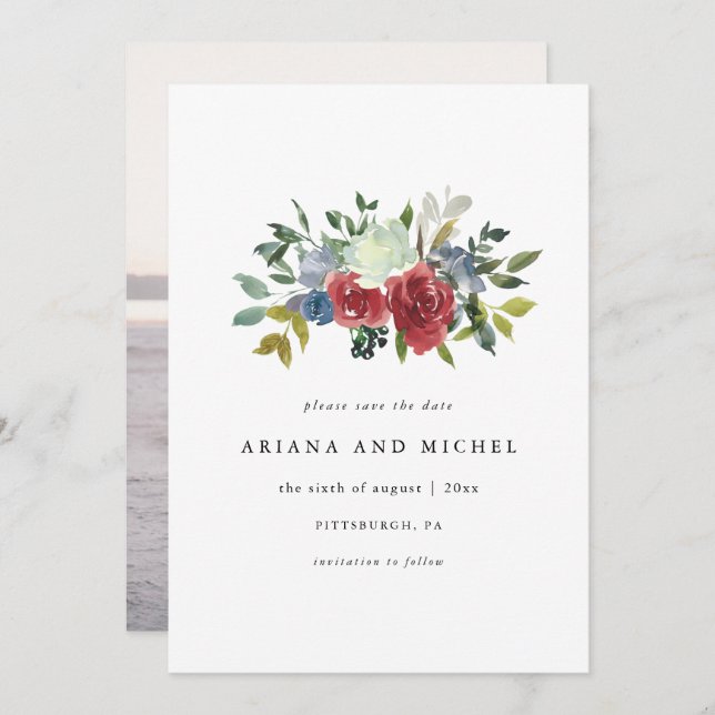 Save The Date Mariage photo Rustic Red et Blue Floral (Devant / Derrière)
