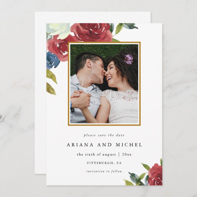Save The Date Mariage photo Rustic Red et Blue Floral (Devant / Derrière)