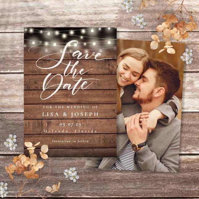 Save The Date Mariage photo Rustic Wood String (Rustic Wood String Lights Photo Wedding Save The Date)