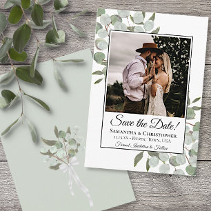 Save The Date Mariage photo Rustique Carré Eucalyptus aquarelle
