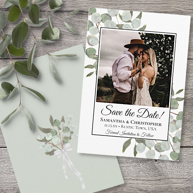 Save The Date Mariage photo Rustique Carré Eucalyptus aquarelle (Front and Back)