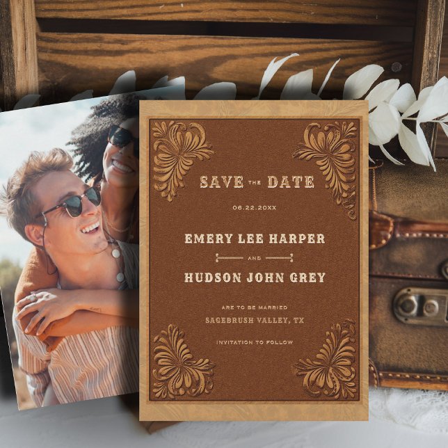 Save The Date Mariage Photo Rustique Cuir Outils Occidental (country rustic cowboy wedding save the date faux tooled leather terracotta rust western barn)