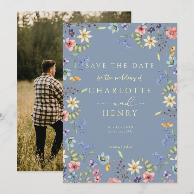 Save The Date Mariage photo Rustique simple Dusty Blue (Devant / Derrière)