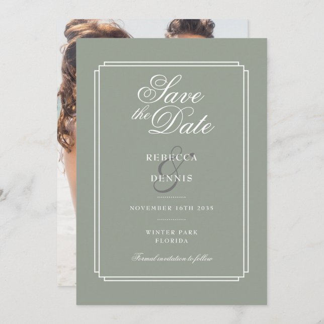 Save The Date Mariage photo Sage Green Chic Script Art Déco (Devant / Derrière)