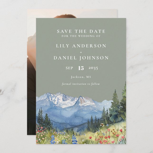 Save The Date Mariage photo Sage Green Watercolor Mountain (Devant / Derrière)