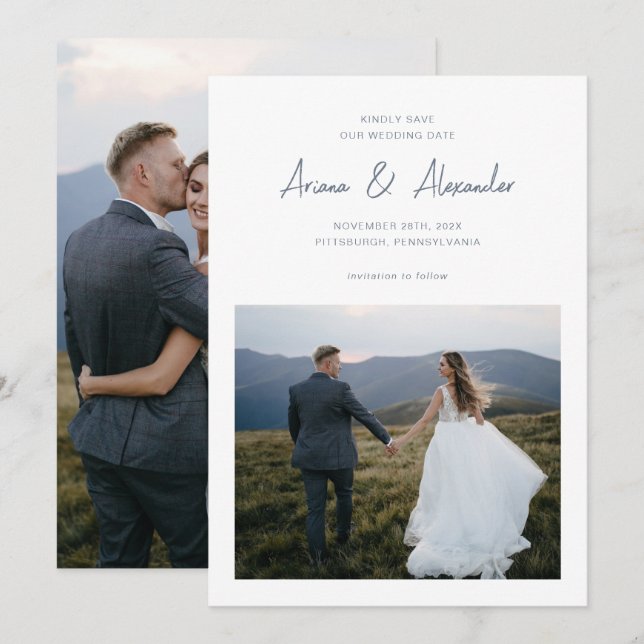 Save The Date Mariage photo simple Dusty Blue Script (Devant / Derrière)