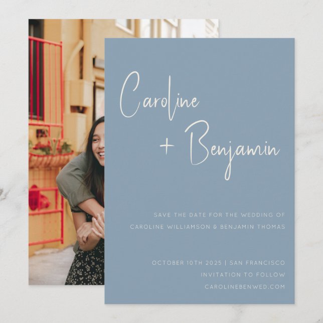 Save The Date Mariage photo simple moderne Dusty Blue Script (Devant / Derrière)