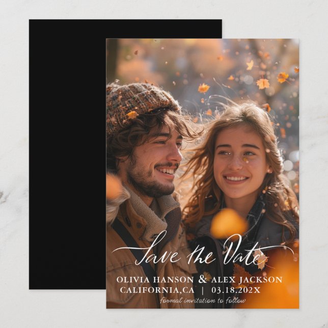 Save The Date Mariage Photo Simple Script Minimaliste Noir (Devant / Derrière)