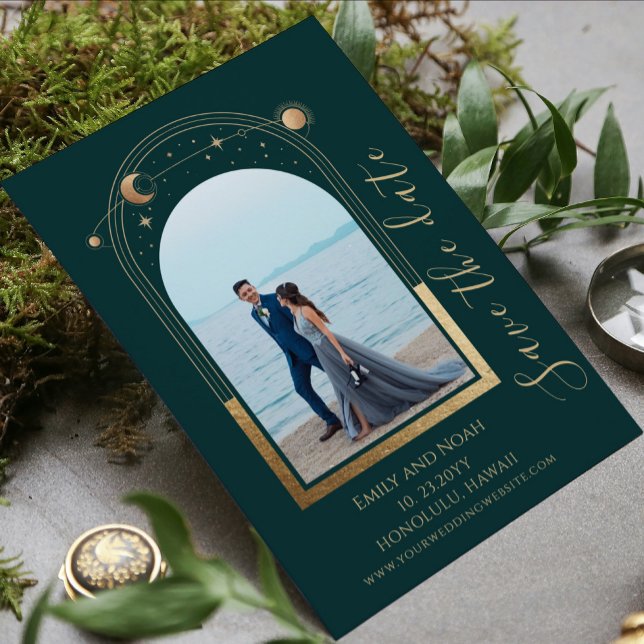 Save The Date Mariage Photo Soleil Lune Étoiles Or Vert Céleste (Créateur téléchargé)